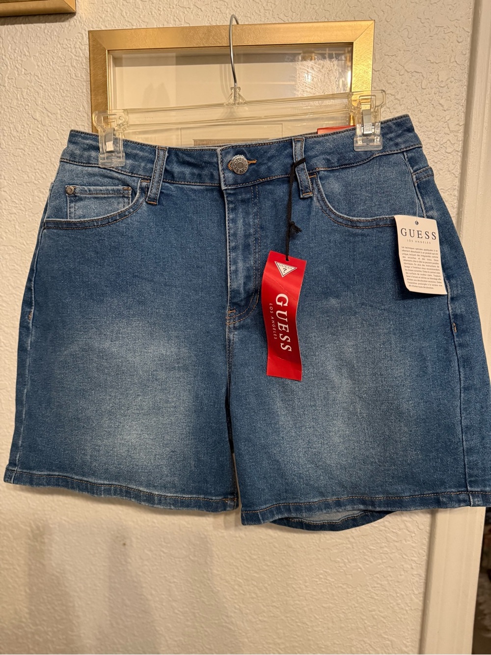 GUESS Blue Denim High-Rise Jean Shorts with Red Logo Tag